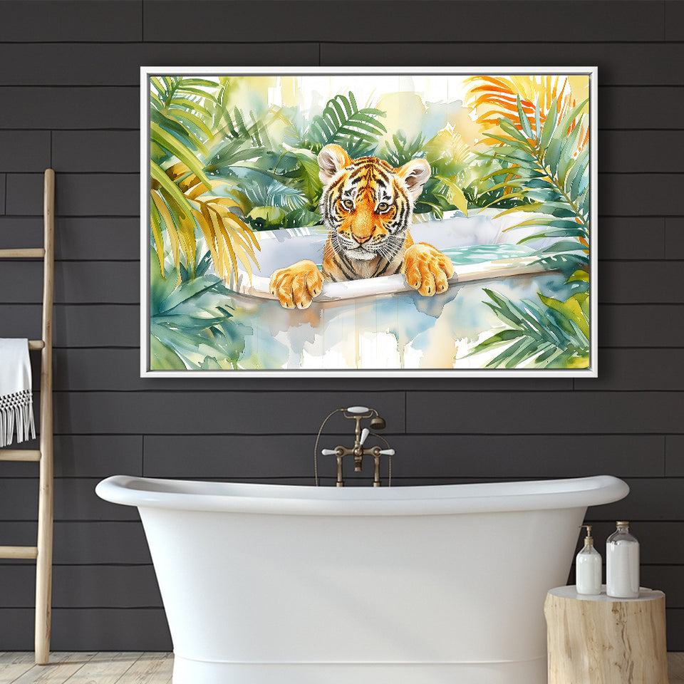 Baby Tiger In Bathtub Bathroom Print Tropical Leave, Bathroom Art Decor Framed Canvas Prints Wall Art,Floating Frame