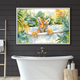 Baby Tiger In Bathtub Bathroom Print Tropical Leave, Bathroom Art Decor Framed Canvas Prints Wall Art,Floating Frame