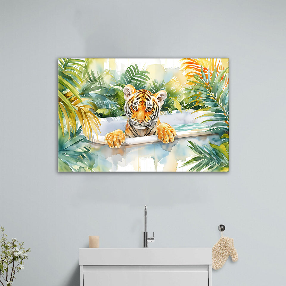 Baby Tiger In Bathtub Bathroom Print Tropical Leave, Bathroom Art Decor Canvas Prints Wall Art, Animal Bathroom Art