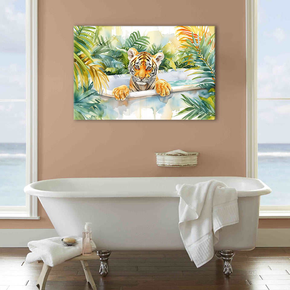 Baby Tiger In Bathtub Bathroom Print Tropical Leave, Bathroom Art Decor Canvas Prints Wall Art, Animal Bathroom Art