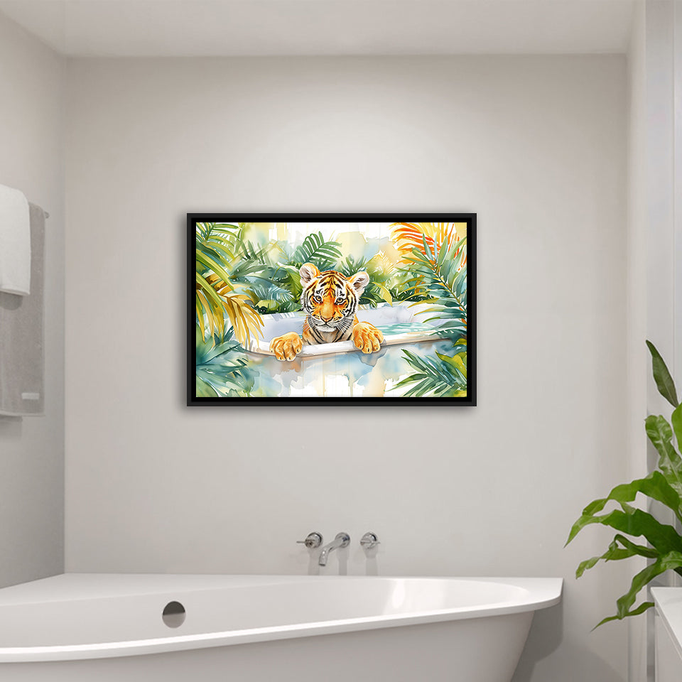 Baby Tiger In Bathtub Bathroom Print Tropical Leave, Bathroom Art Decor Framed Canvas Prints Wall Art,Floating Frame