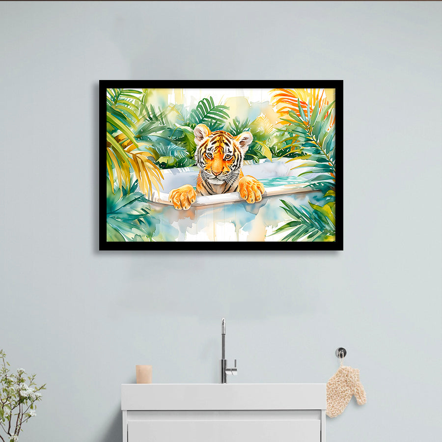 Baby Tiger In Bathtub Bathroom Print Tropical Leave, Bathroom Art Decor Framed Art PrintsWall Art, Animal Bathroom Art