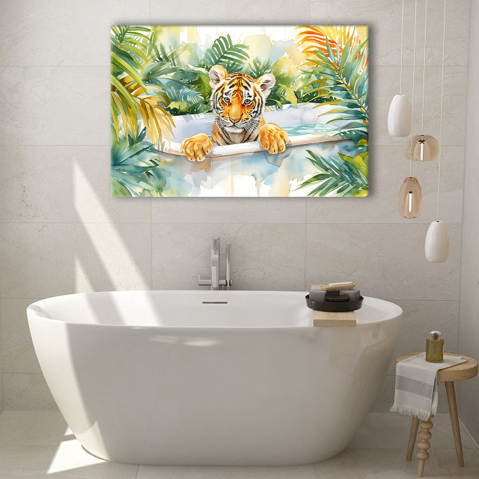 Baby Tiger In Bathtub Bathroom Print Tropical Leave, Bathroom Art Decor Canvas Prints Wall Art, Animal Bathroom Art