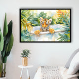 Baby Tiger In Bathtub Bathroom Print Tropical Leave, Bathroom Art Decor Framed Canvas Prints Wall Art,Floating Frame