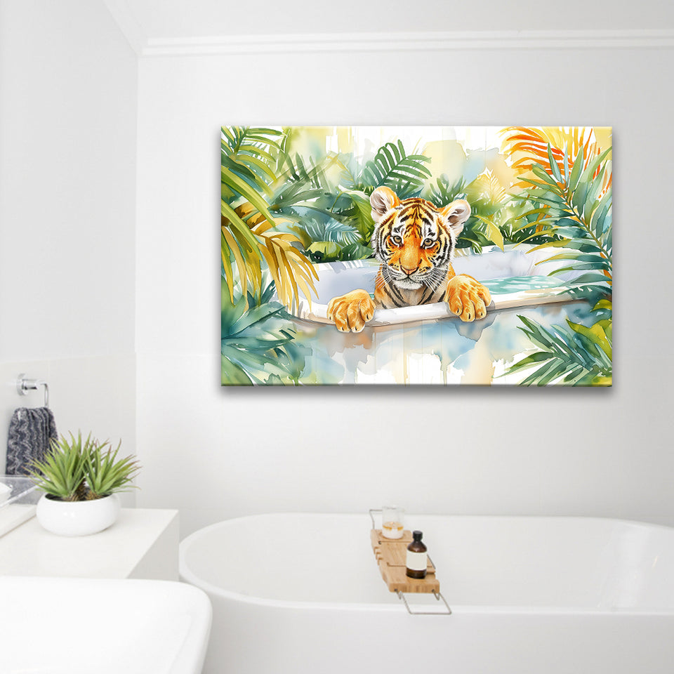 Baby Tiger In Bathtub Bathroom Print Tropical Leave, Bathroom Art Decor Canvas Prints Wall Art, Animal Bathroom Art