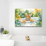 Baby Tiger In Bathtub Bathroom Print Tropical Leave, Bathroom Art Decor Canvas Prints Wall Art, Animal Bathroom Art