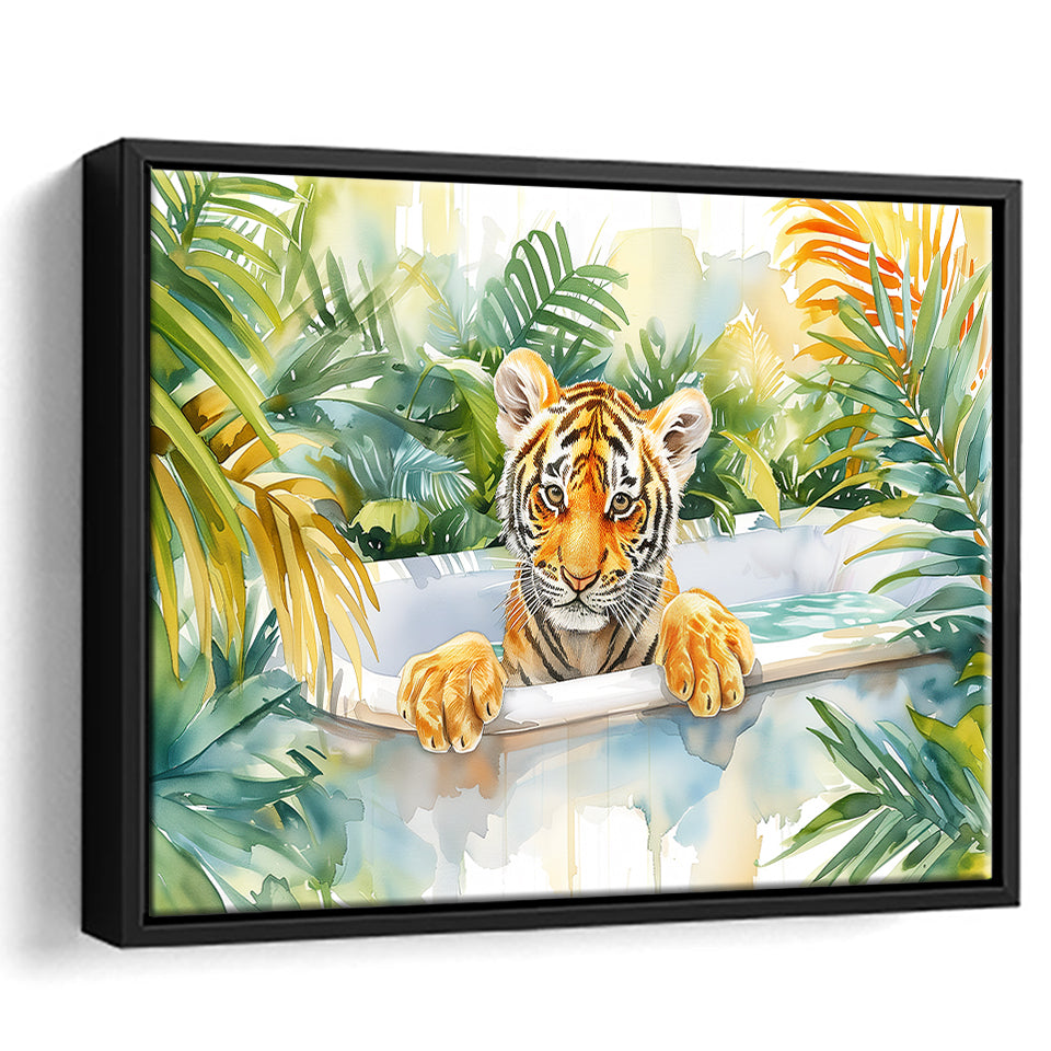 Baby Tiger In Bathtub Bathroom Print Tropical Leave, Bathroom Art Decor Framed Canvas Prints Wall Art,Floating Frame