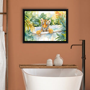 Baby Tiger In Bathtub Bathroom Print Tropical Leave, Bathroom Art Decor Framed Canvas Prints Wall Art,Floating Frame