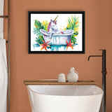 Baby Unicorn In Bathtub Bathroom Print Tropical Leave, Bathroom Art Decor Framed Canvas Prints Wall Art,Floating Frame