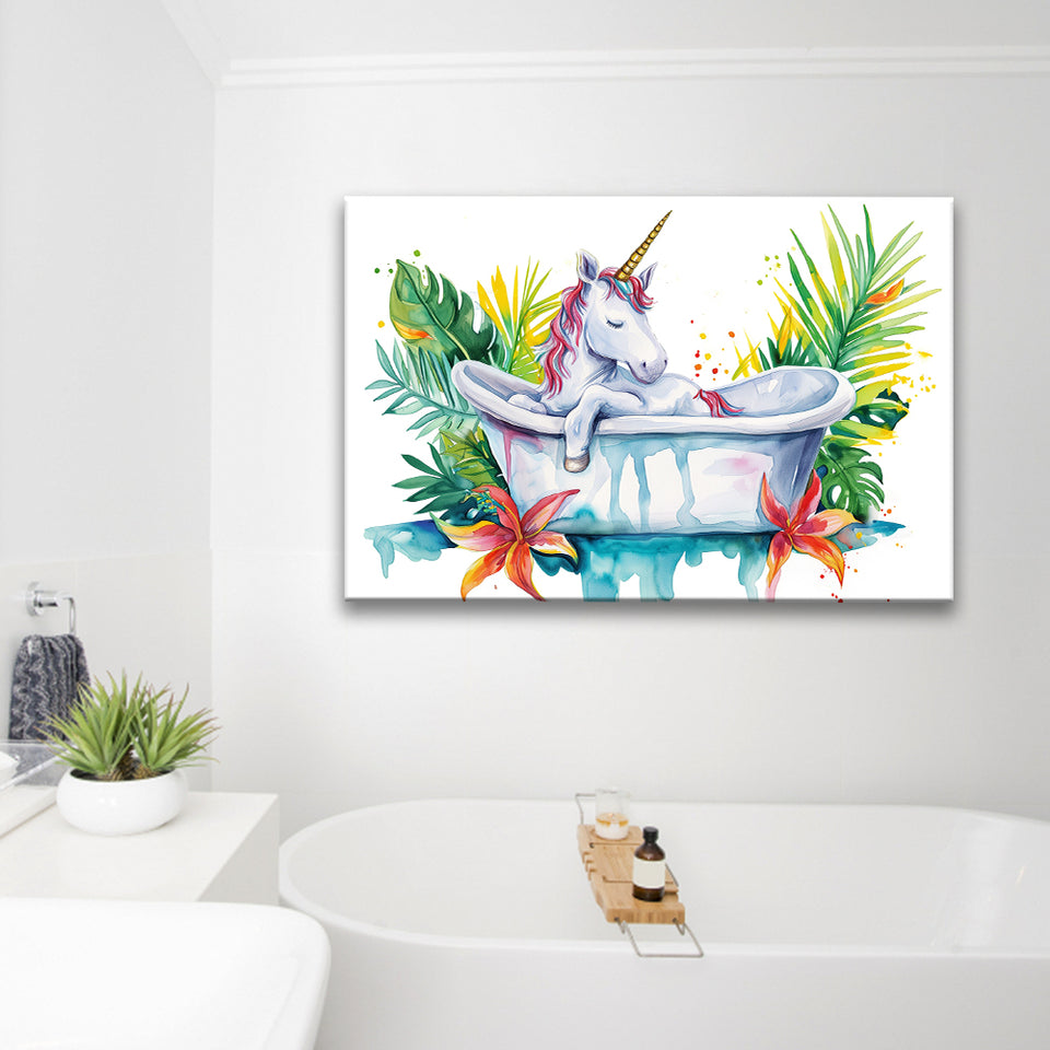 Baby Unicorn In Bathtub Bathroom Print Tropical Leave, Bathroom Art Decor Canvas Prints Wall Art, Animal Bathroom Art