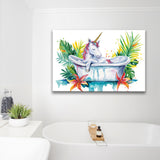 Baby Unicorn In Bathtub Bathroom Print Tropical Leave, Bathroom Art Decor Canvas Prints Wall Art, Animal Bathroom Art