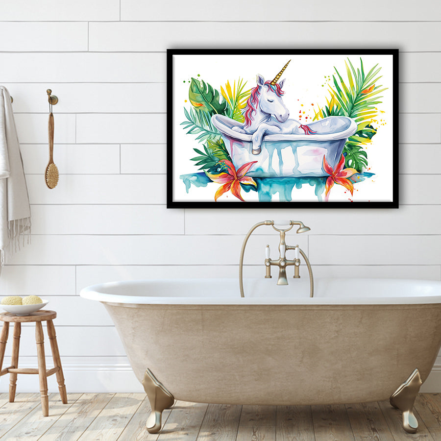 Baby Unicorn In Bathtub Bathroom Print Tropical Leave, Bathroom Art Decor Framed Art PrintsWall Art, Animal Bathroom Art
