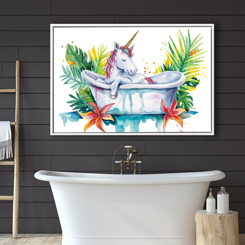 Baby Unicorn In Bathtub Bathroom Print Tropical Leave, Bathroom Art Decor Framed Canvas Prints Wall Art,Floating Frame