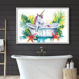 Baby Unicorn In Bathtub Bathroom Print Tropical Leave, Bathroom Art Decor Framed Canvas Prints Wall Art,Floating Frame
