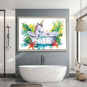 Baby Unicorn In Bathtub Bathroom Print Tropical Leave, Bathroom Art Decor Framed Canvas Prints Wall Art,Floating Frame