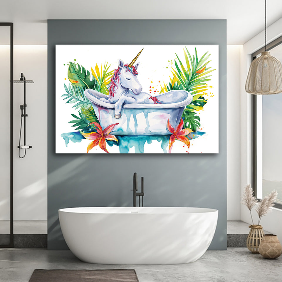 Baby Unicorn In Bathtub Bathroom Print Tropical Leave, Bathroom Art Decor Canvas Prints Wall Art, Animal Bathroom Art