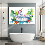 Baby Unicorn In Bathtub Bathroom Print Tropical Leave, Bathroom Art Decor Canvas Prints Wall Art, Animal Bathroom Art