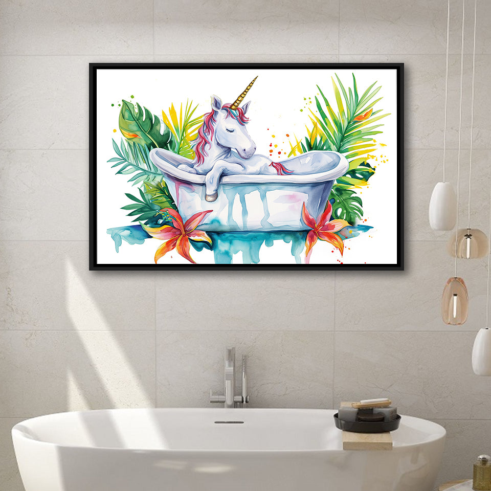 Baby Unicorn In Bathtub Bathroom Print Tropical Leave, Bathroom Art Decor Framed Canvas Prints Wall Art,Floating Frame