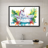 Baby Unicorn In Bathtub Bathroom Print Tropical Leave, Bathroom Art Decor Framed Canvas Prints Wall Art,Floating Frame