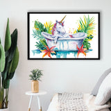 Baby Unicorn In Bathtub Bathroom Print Tropical Leave, Bathroom Art Decor Framed Canvas Prints Wall Art,Floating Frame
