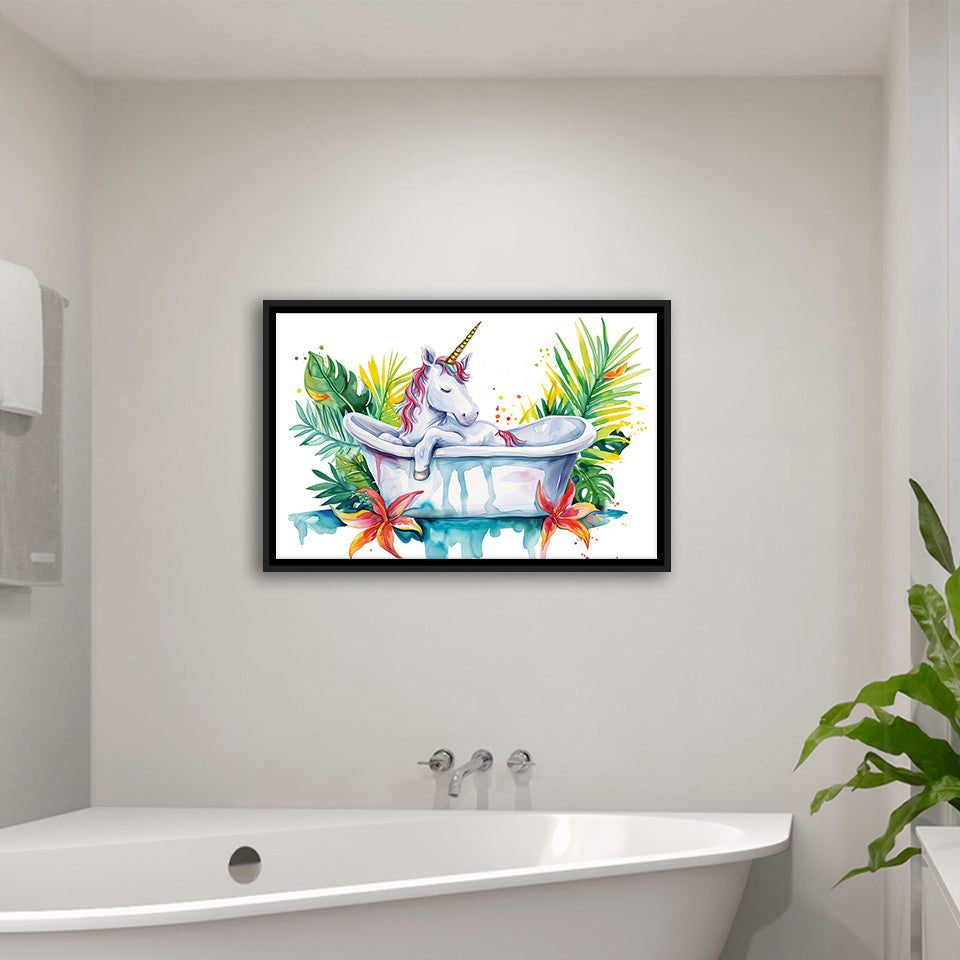 Baby Unicorn In Bathtub Bathroom Print Tropical Leave, Bathroom Art Decor Framed Canvas Prints Wall Art,Floating Frame