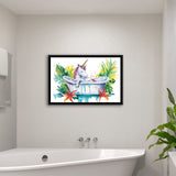Baby Unicorn In Bathtub Bathroom Print Tropical Leave, Bathroom Art Decor Framed Canvas Prints Wall Art,Floating Frame