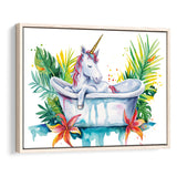 Baby Unicorn In Bathtub Bathroom Print Tropical Leave, Bathroom Art Decor Framed Canvas Prints Wall Art,Floating Frame