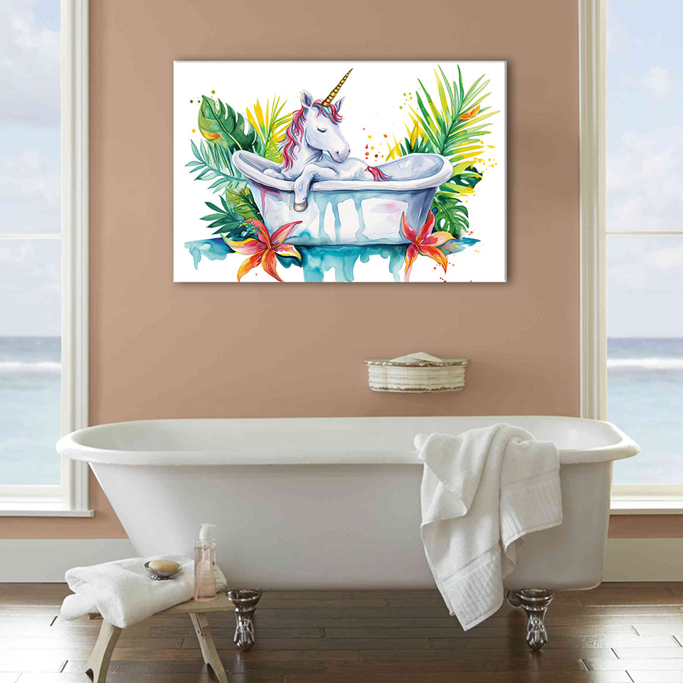 Baby Unicorn In Bathtub Bathroom Print Tropical Leave, Bathroom Art Decor Canvas Prints Wall Art, Animal Bathroom Art