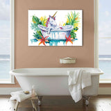 Baby Unicorn In Bathtub Bathroom Print Tropical Leave, Bathroom Art Decor Canvas Prints Wall Art, Animal Bathroom Art