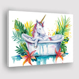 Baby Unicorn In Bathtub Bathroom Print Tropical Leave, Bathroom Art Decor Canvas Prints Wall Art, Animal Bathroom Art