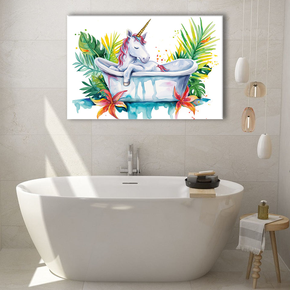 Baby Unicorn In Bathtub Bathroom Print Tropical Leave, Bathroom Art Decor Canvas Prints Wall Art, Animal Bathroom Art
