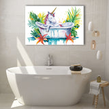 Baby Unicorn In Bathtub Bathroom Print Tropical Leave, Bathroom Art Decor Canvas Prints Wall Art, Animal Bathroom Art