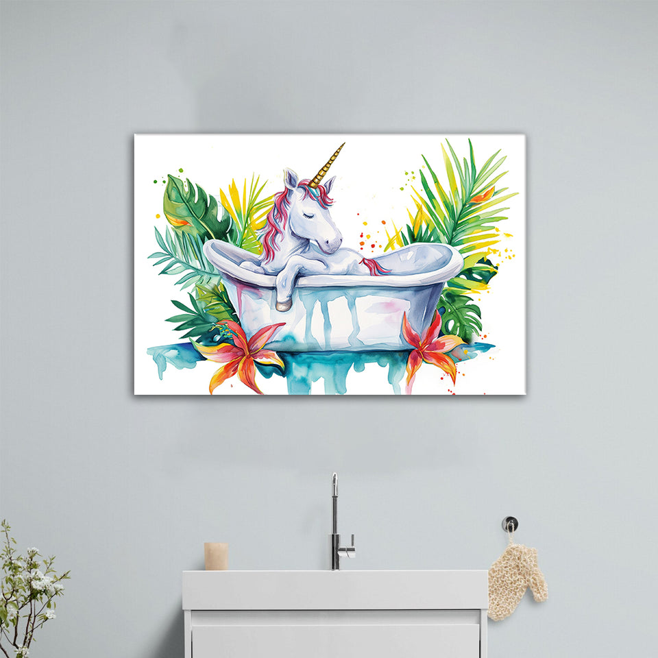 Baby Unicorn In Bathtub Bathroom Print Tropical Leave, Bathroom Art Decor Canvas Prints Wall Art, Animal Bathroom Art