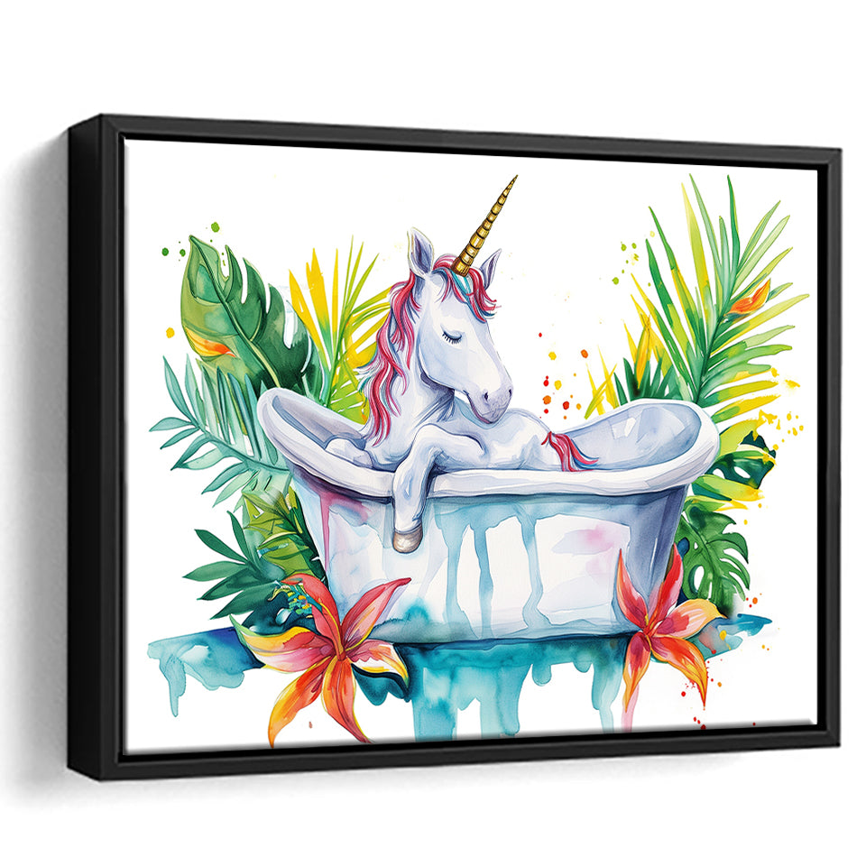 Baby Unicorn In Bathtub Bathroom Print Tropical Leave, Bathroom Art Decor Framed Canvas Prints Wall Art,Floating Frame