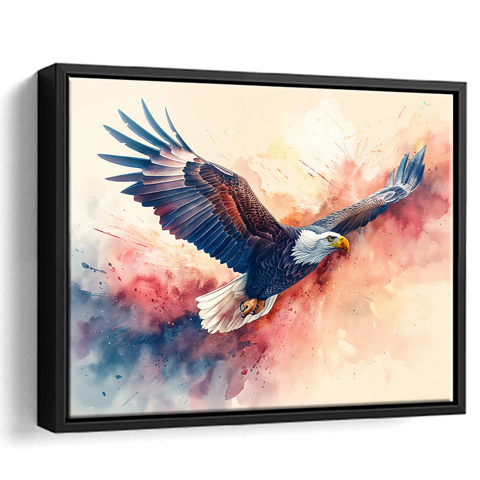 Bald Eagle Flying Water Color Painting Art, Floating Frame, Framed Canvas Print Wall Art Home Decor