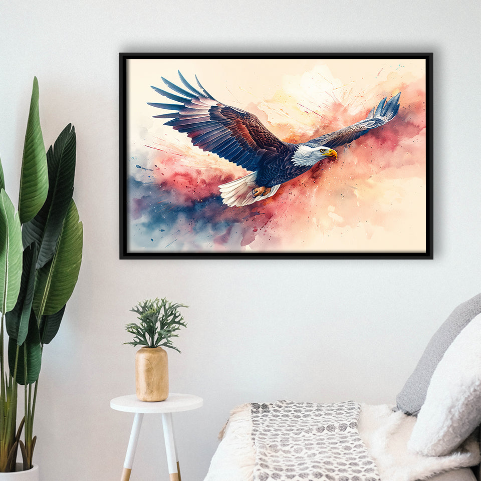 Bald Eagle Flying Water Color Painting Art, Floating Frame, Framed Canvas Print Wall Art Home Decor