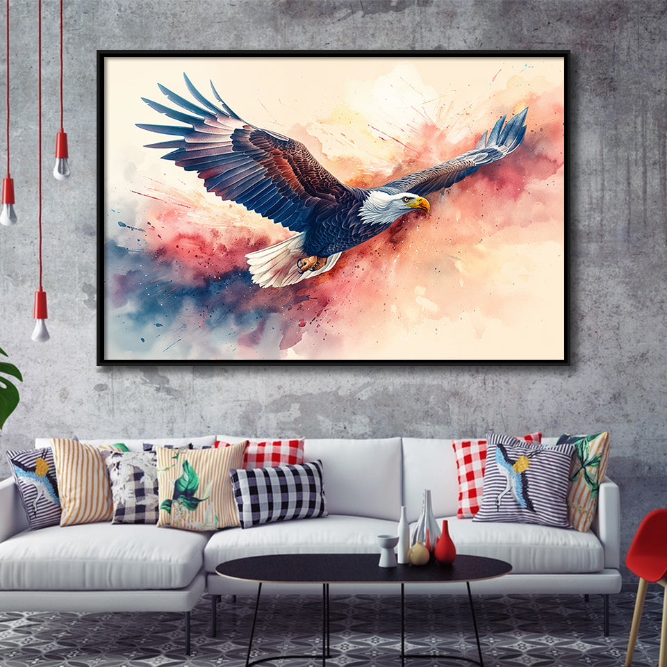 Bald Eagle Flying Water Color Painting Art, Floating Frame, Framed Canvas Print Wall Art Home Decor