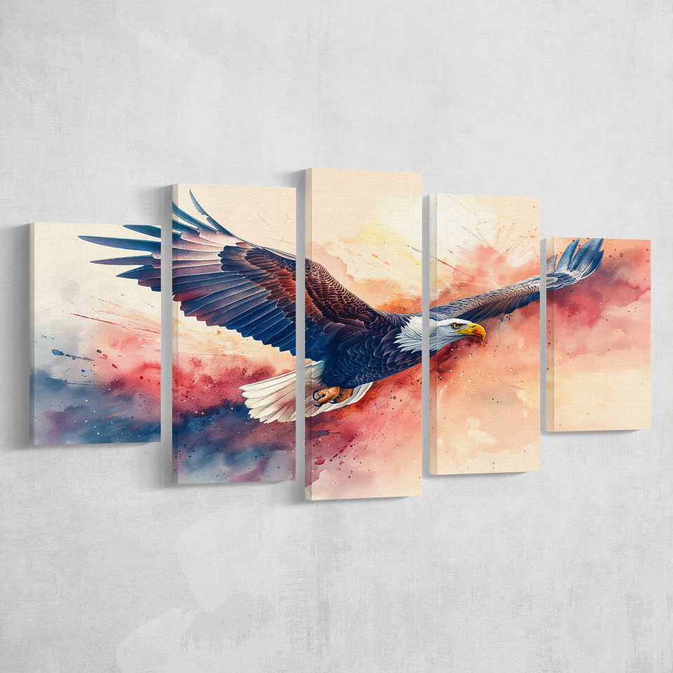 Bald Eagle Flying Water Color Painting Art, Multi Panel,Mixed Canvas Print Wall Art Decor
