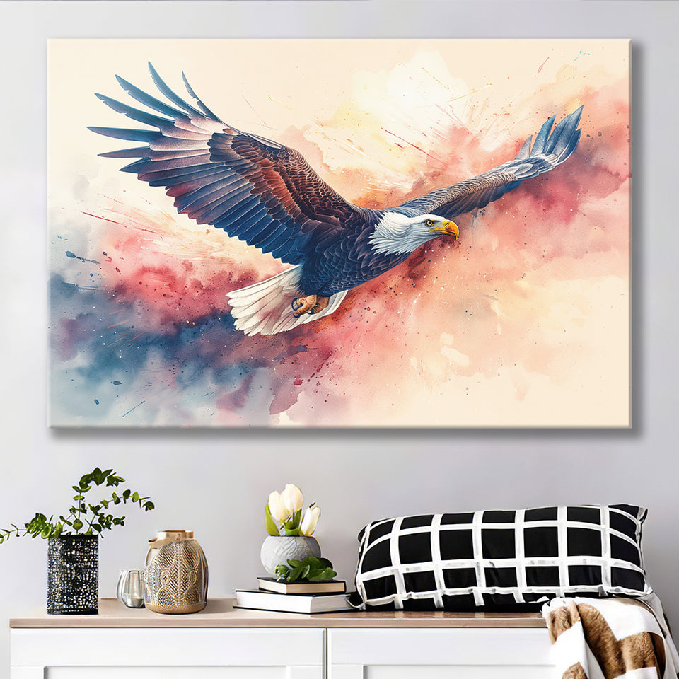 Bald Eagle Flying Water Color Painting Art, Art Print, Canvas Print Wall Art Home Decor