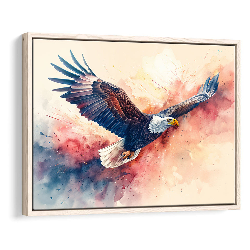 Bald Eagle Flying Water Color Painting Art, Floating Frame, Framed Canvas Print Wall Art Home Decor