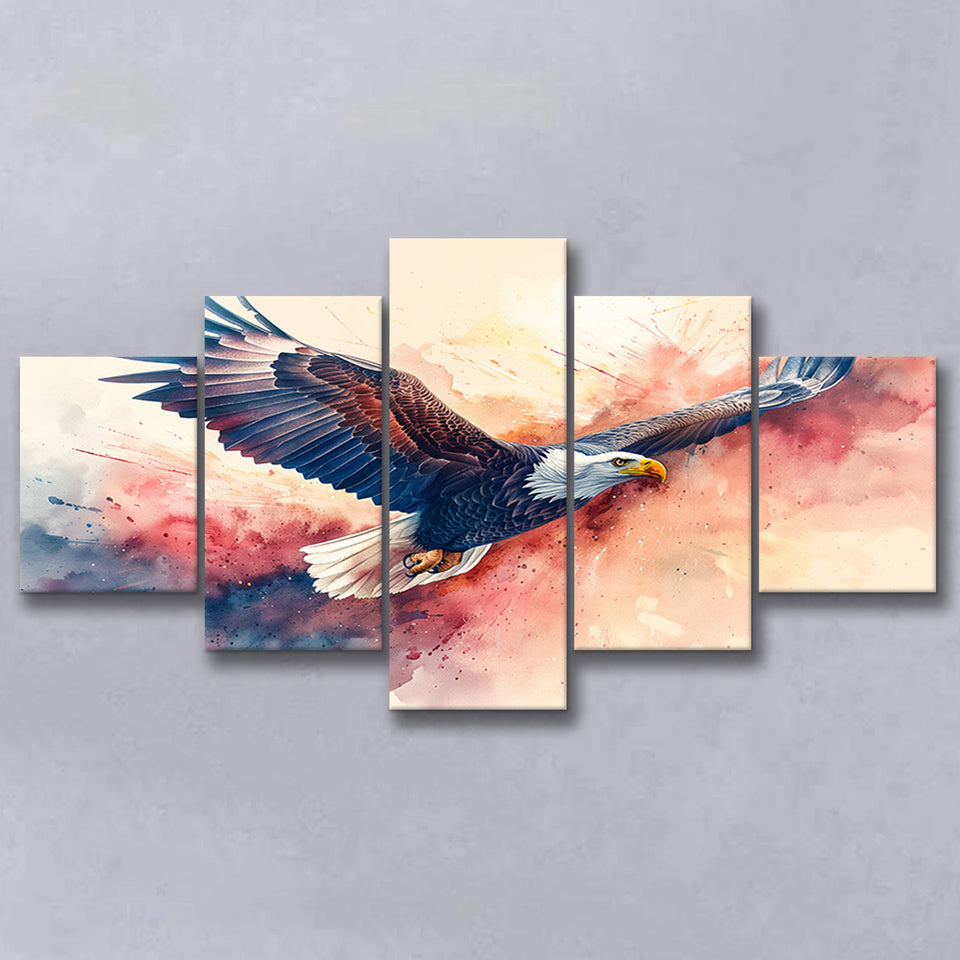 Bald Eagle Flying Water Color Painting Art, Multi Panel,Mixed Canvas Print Wall Art Decor