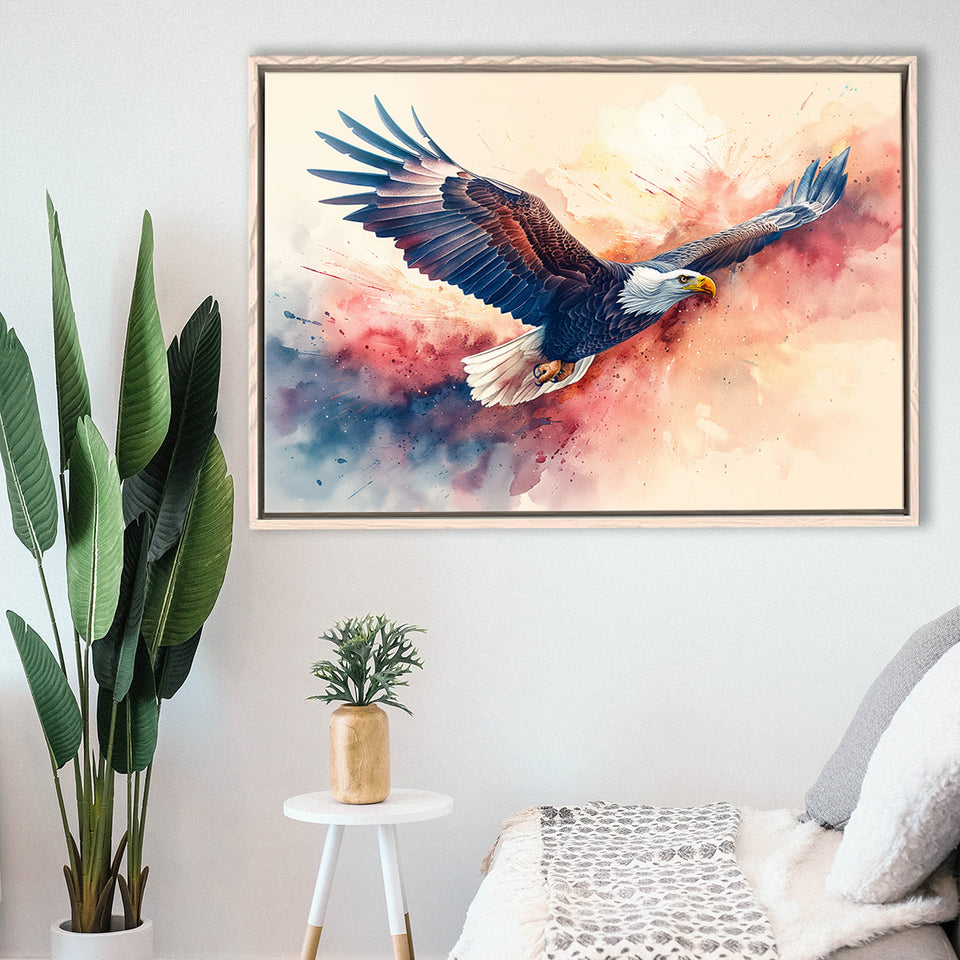 Bald Eagle Flying Water Color Painting Art, Floating Frame, Framed Canvas Print Wall Art Home Decor