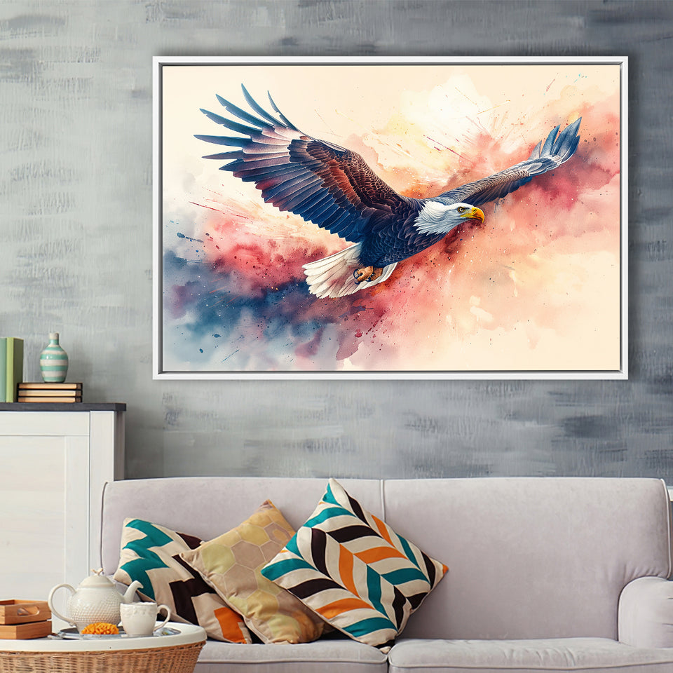 Bald Eagle Flying Water Color Painting Art, Floating Frame, Framed Canvas Print Wall Art Home Decor