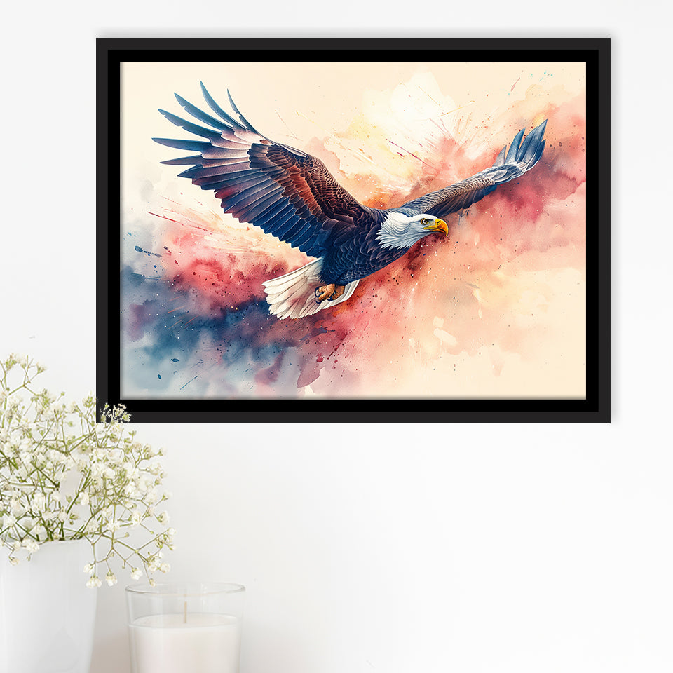 Bald Eagle Flying Water Color Painting Art, Floating Frame, Framed Canvas Print Wall Art Home Decor