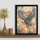 Bald Eagle Flying With American Flag Painting, Framed Canvas Prints Wall Art Decor, Floating Frame