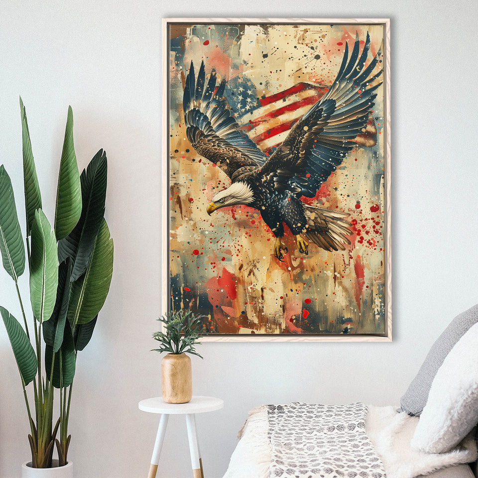 Bald Eagle Flying With American Flag Painting, Framed Canvas Prints Wall Art Decor, Floating Frame