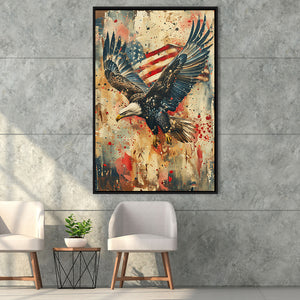 Bald Eagle Flying With American Flag Painting, Framed Canvas Prints Wall Art Decor, Floating Frame