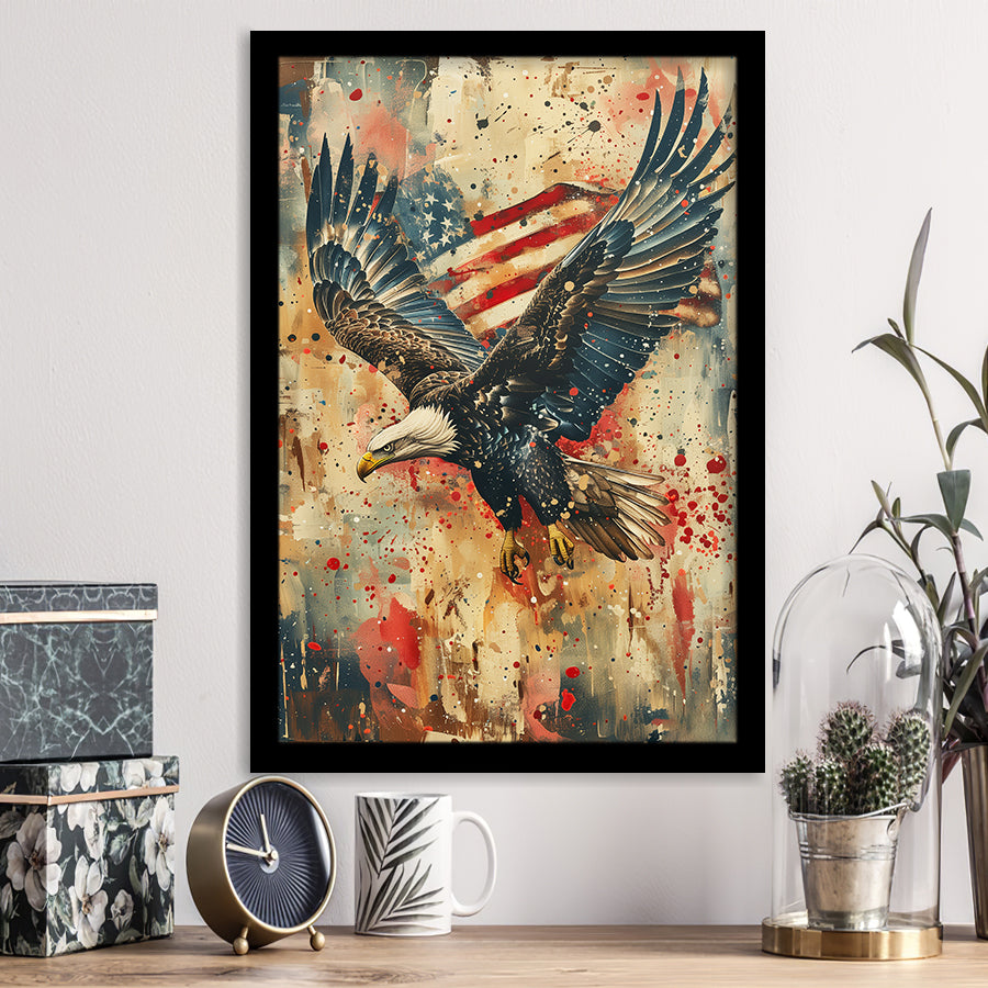 Bald Eagle Flying With American Flag Painting, Framed Art Prints Wall Art Decor, Framed Picture Print