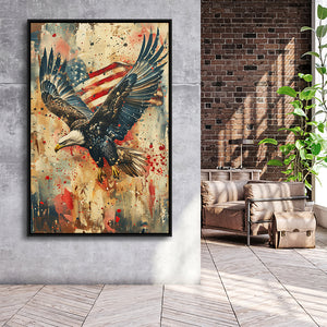 Bald Eagle Flying With American Flag Painting, Framed Canvas Prints Wall Art Decor, Floating Frame