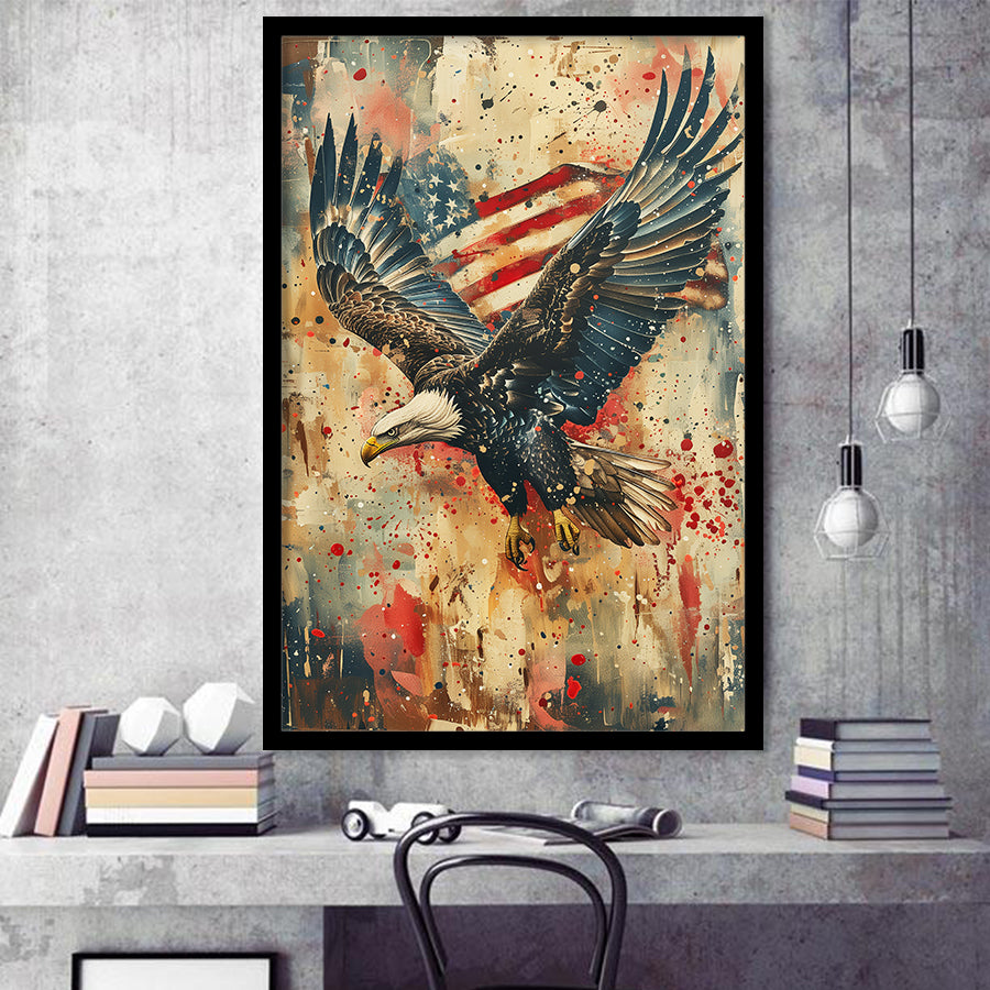 Bald Eagle Flying With American Flag Painting, Framed Art Prints Wall Art Decor, Framed Picture Print
